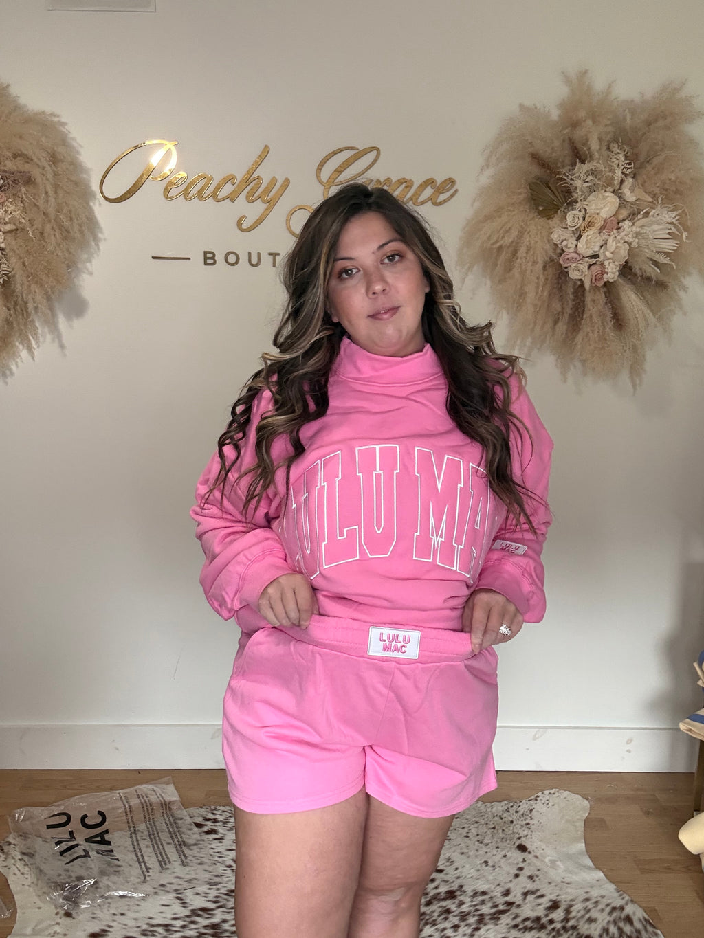 Lulu Mac Terry Shorts Pink - front view with sweatshirt