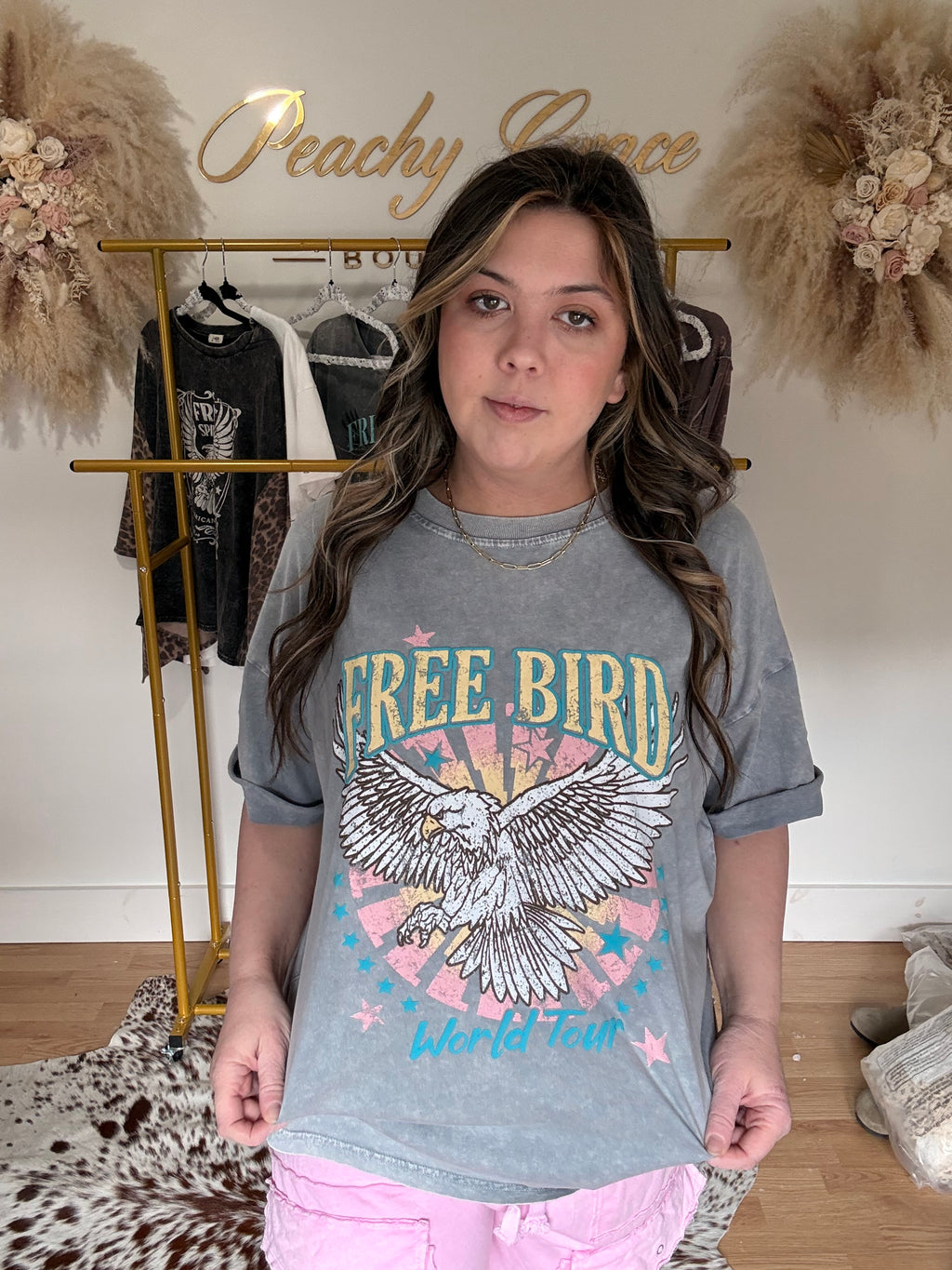Free Bird World Tour Pink and Grey Graphic Tee