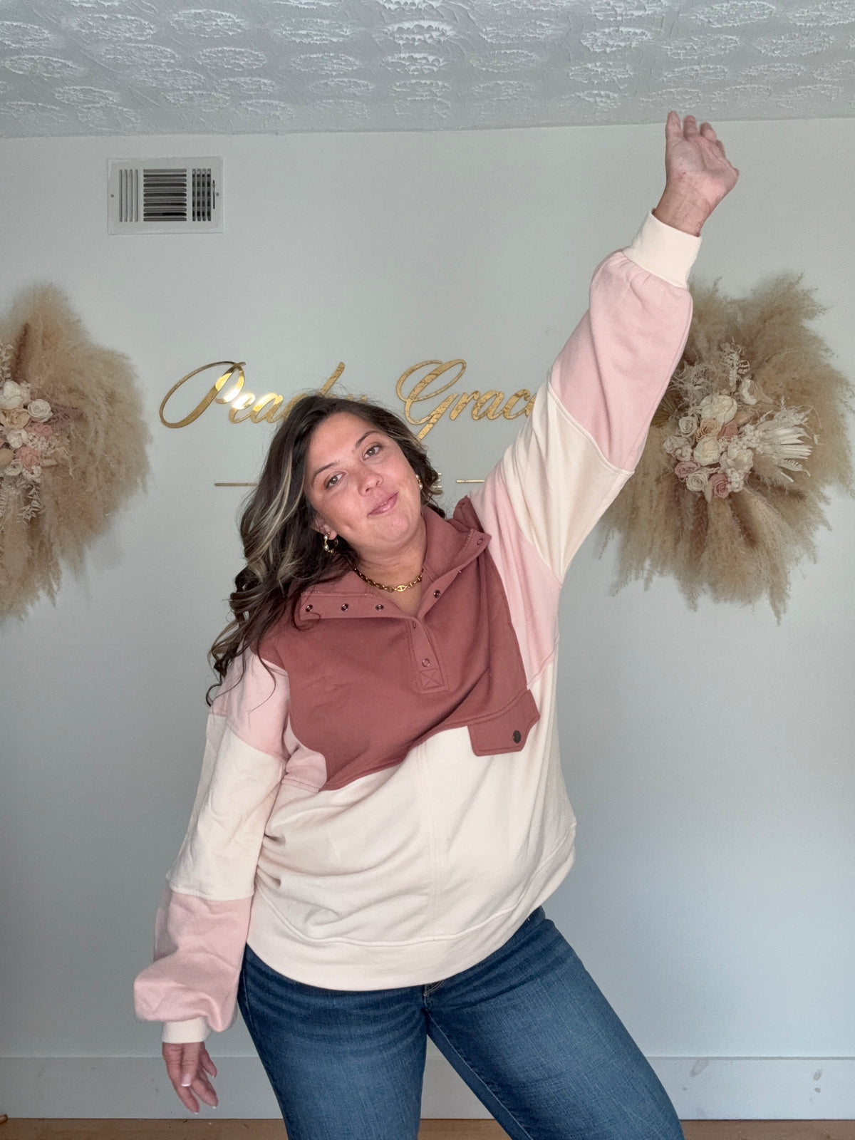 Sweet Grace Pullover - arm up pose