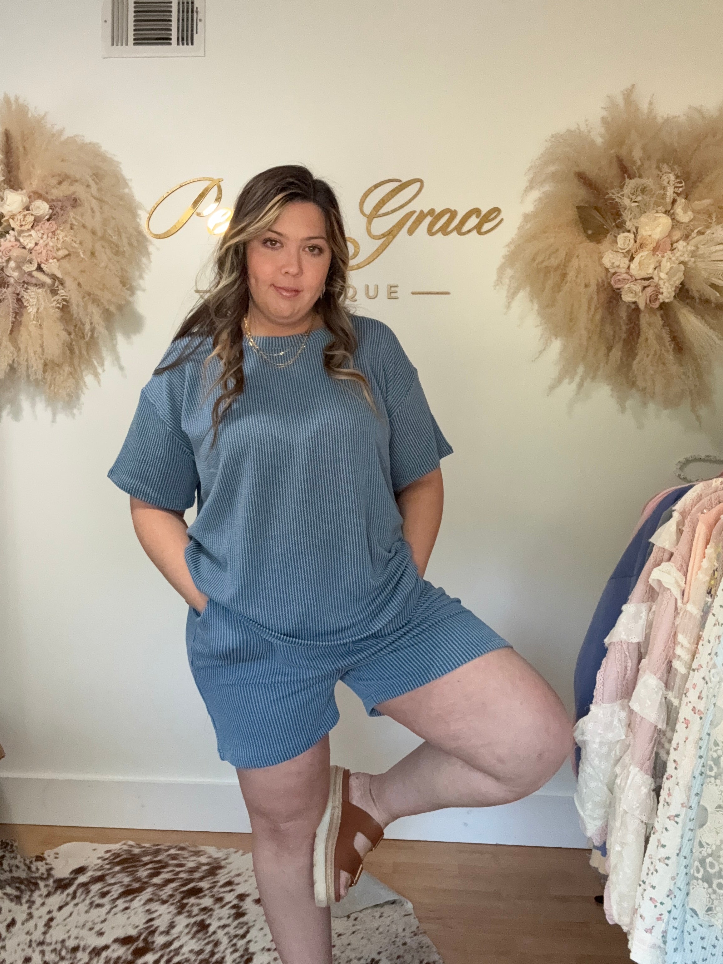Sunday Ease Ribbed Set - Slate Blue